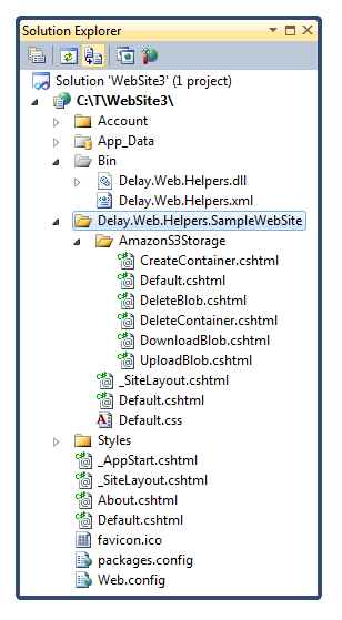 Delay.Web.Helpers.SampleWebSite folder in Solution Explorer