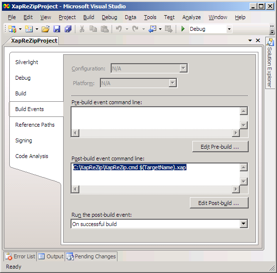 Configuring XapReZip as a post-build event in Visual Studio